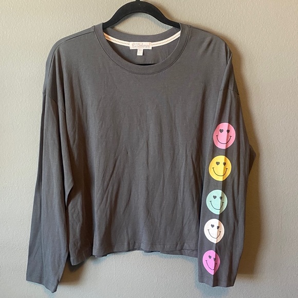 P.J. Salvage Tops - NWT Grey Long Sleeve Tee with Colorful Smiley Sleeve Cotton/Modal